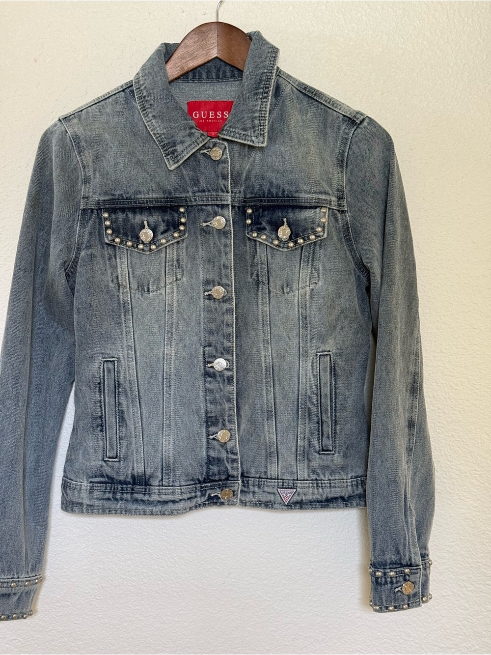 GUESS Women's Light Blue Stud-Embellished Denim Jacket
